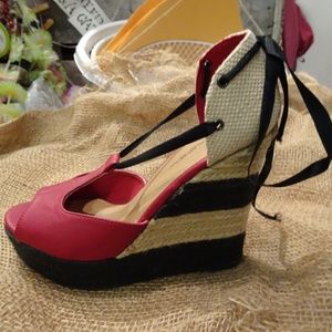 Cherry Red Woven Wedge Sandals